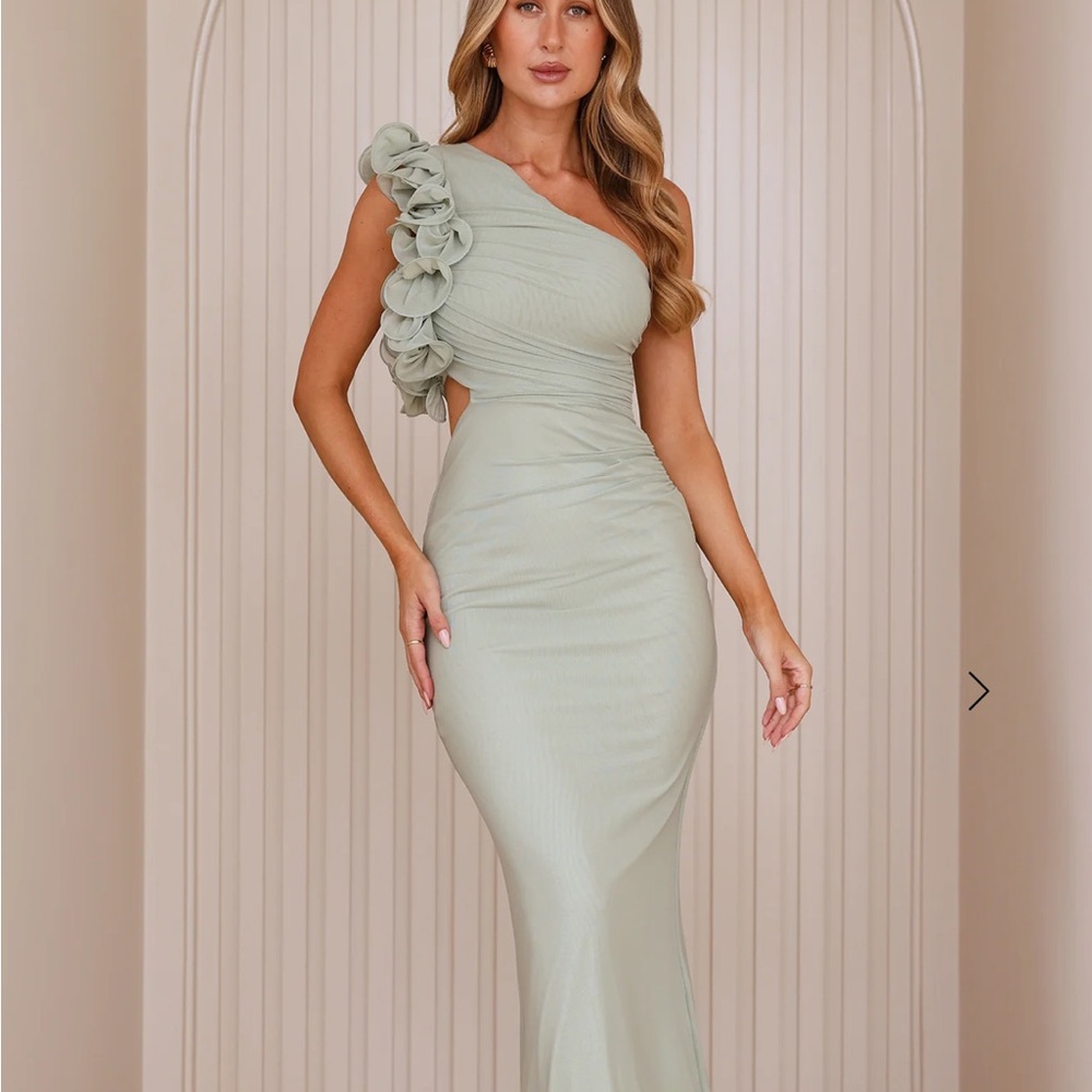 Hello Molly One-Shoulder Ruffle Dress in Sage Green